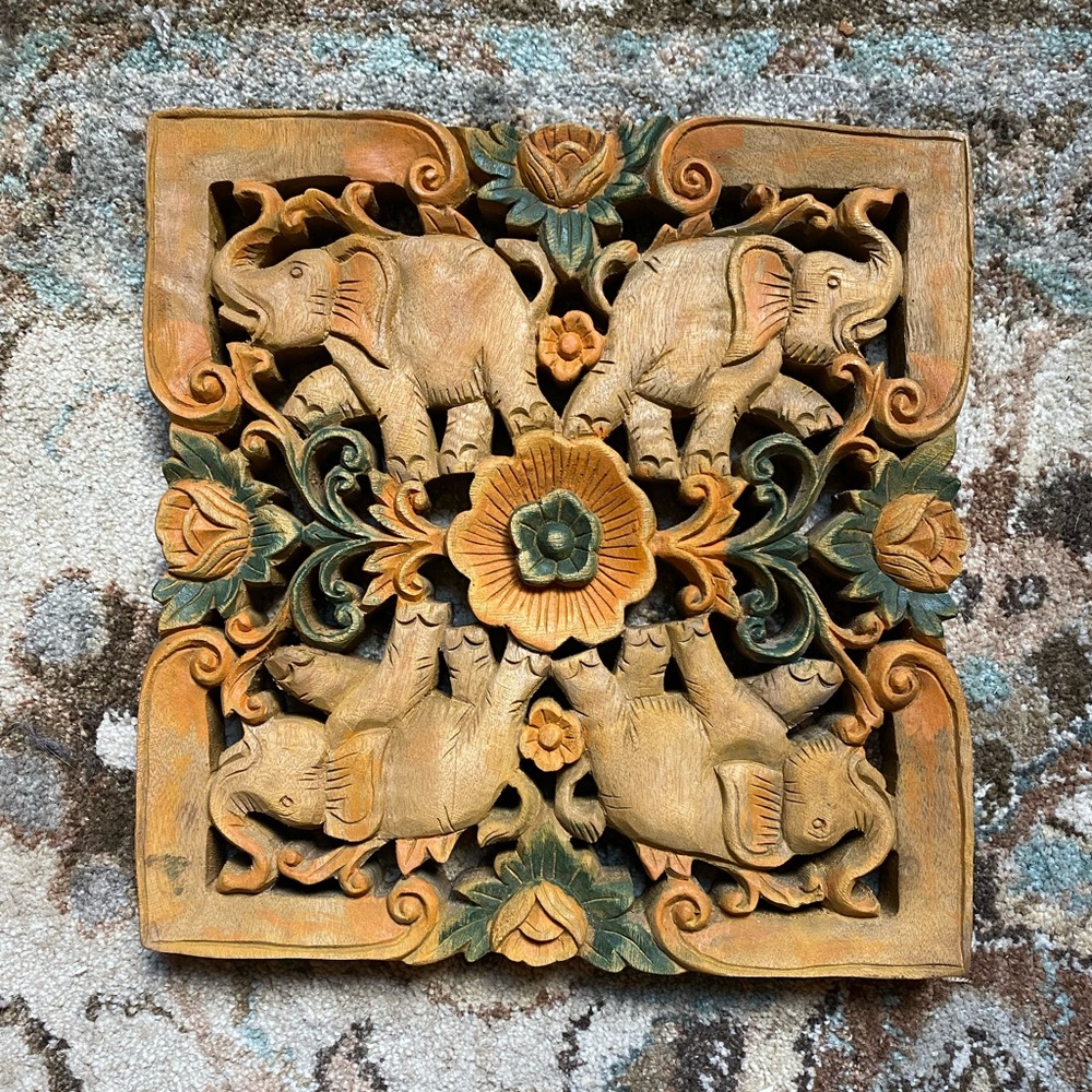 Novica Teak Wood Panel ‘Petals & Pachyderms’ Elephant Wall Decor